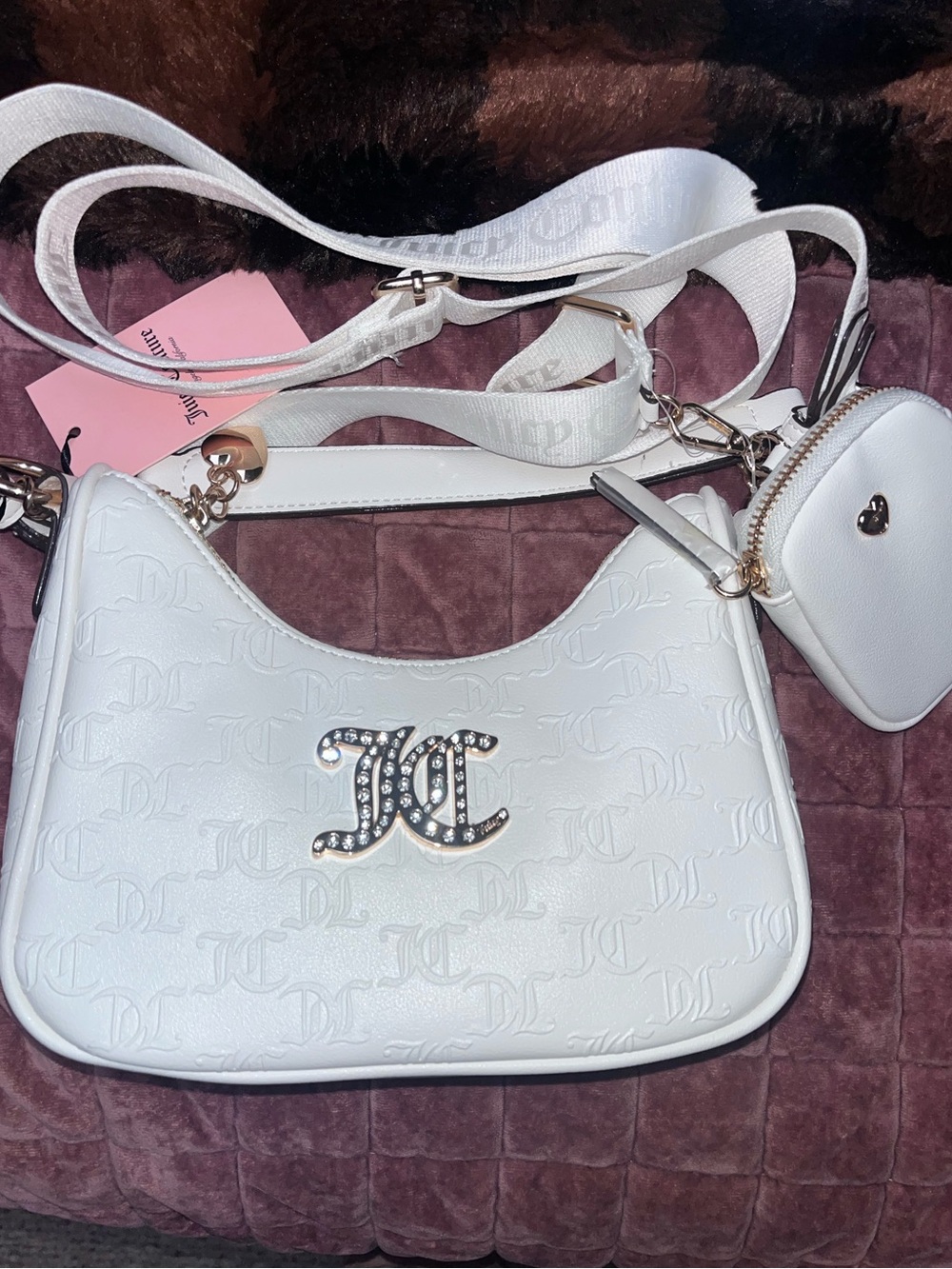 NWT Juicy Couture White Rhinestone Monogram Bag & Coin Pouch